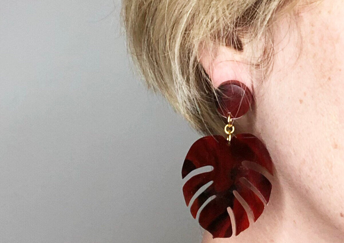 Monstera Leaf Tortoiseshell Earrings